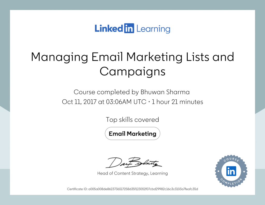 Certificate - Managing Email Marketing Lists & Campaigns