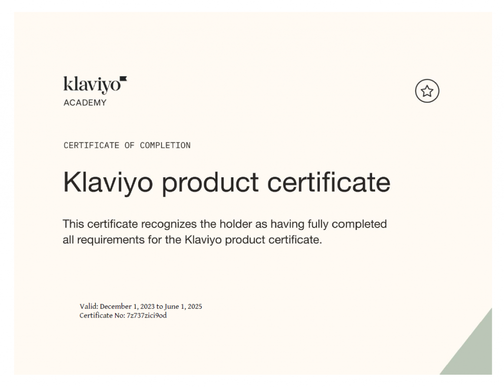 Klaviyo Product Certificate